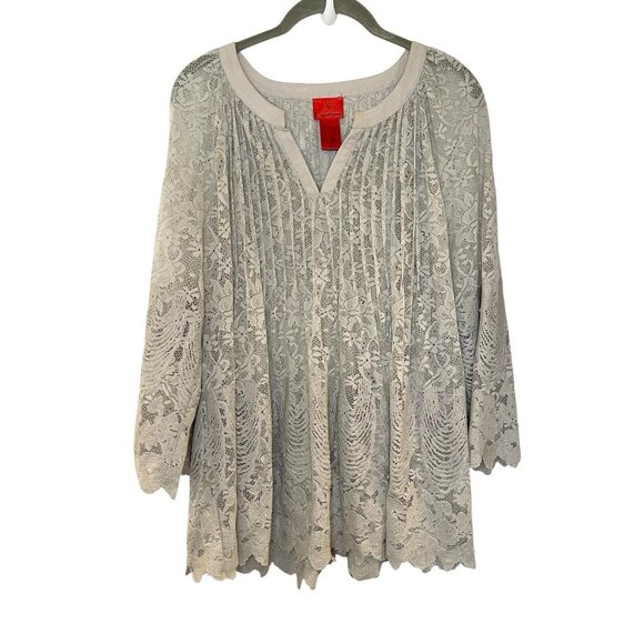 V Christina Women's Blouse Gray Boho Crocheted Lace 3/4 Sleeve Top Sheer Boho M - Picture 1 of 5